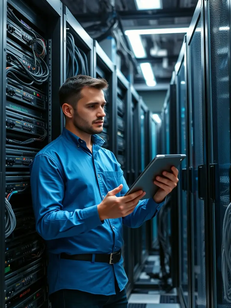 An IT professional conducting a system audit in a server room.
