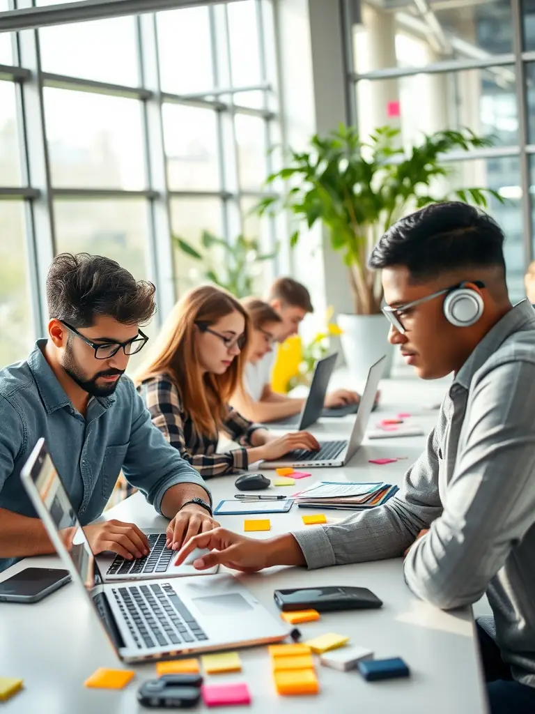 A team of developers collaborating on software code in a modern tech workspace.