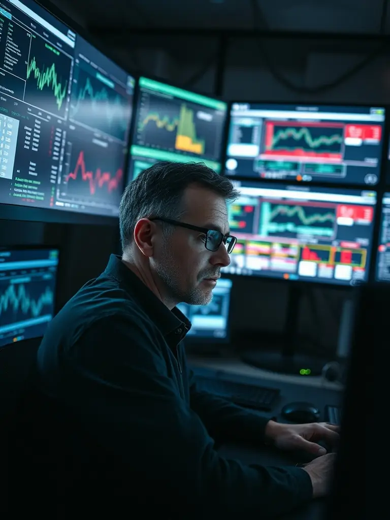 A cybersecurity expert monitoring data on multiple screens in a control room.