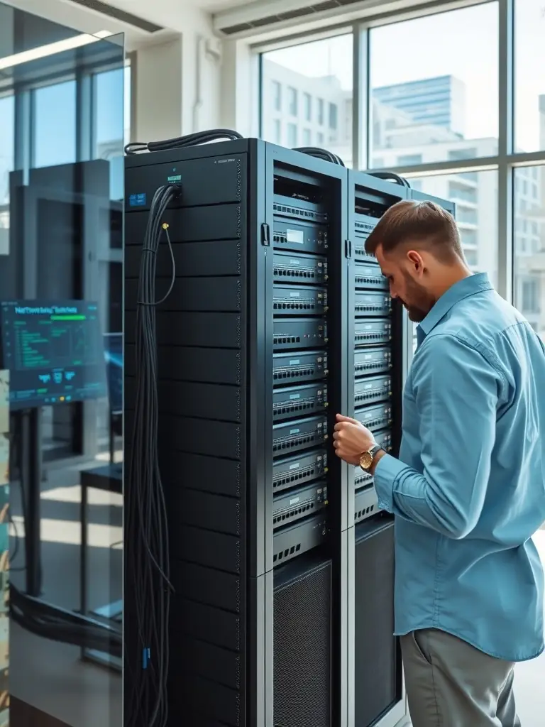 An IT consultant configuring a network server in an office.